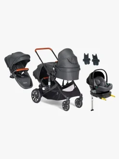 Beemoo Maxi 4 Twin Søskendevogn inkl. Ekstra Søskendesæde & Route i-Size Autostol Baby & ISOFIX Base, Black/Mineral Grey