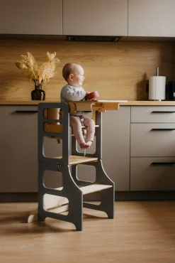 Duck Woodworks 3-i-1 Sammenklappeligt Læringstårn med Højstol, Grå