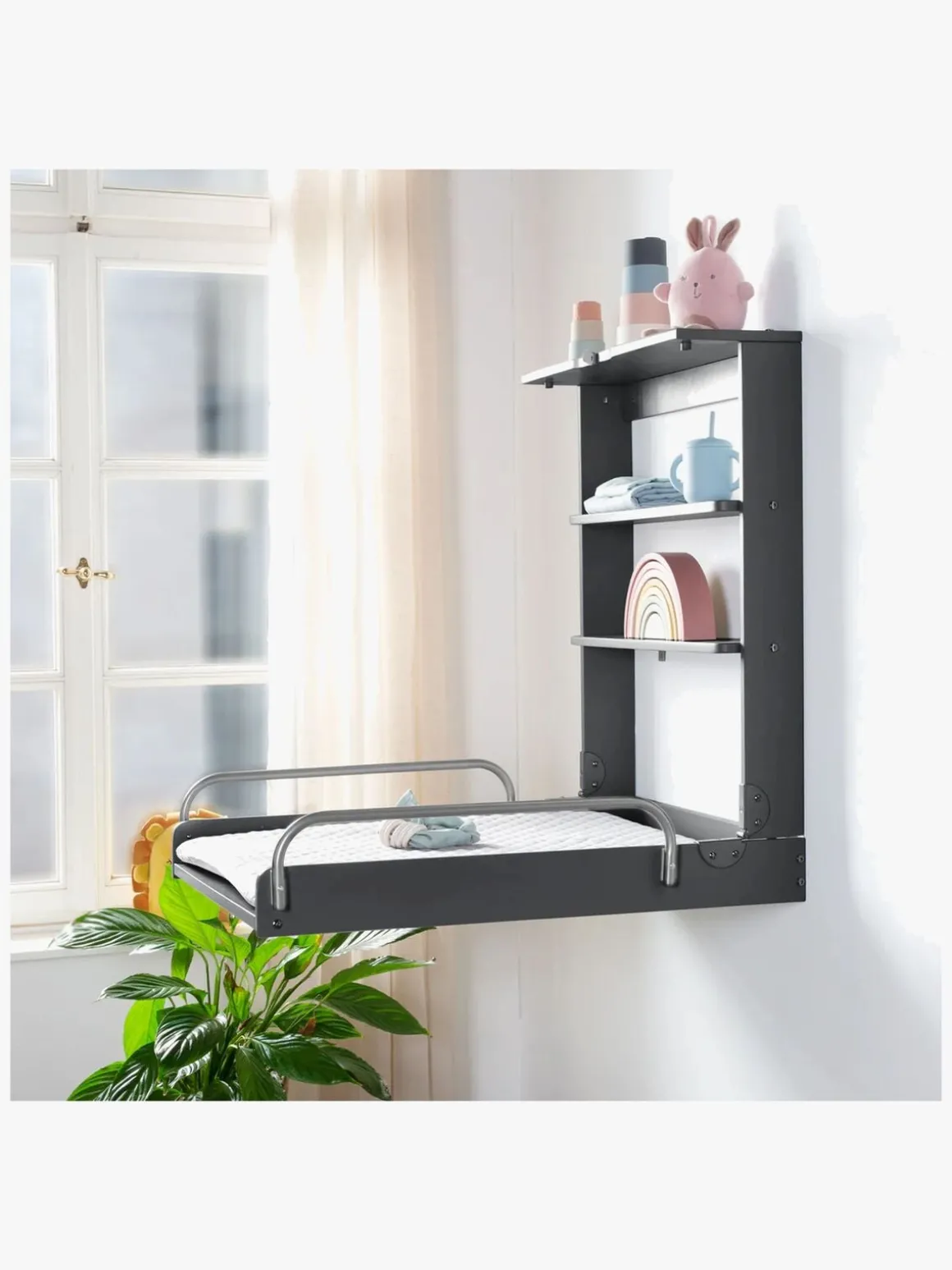 Roba Væghængt Puslebord & Puslepude, Anthracite Lacquered/Silver Grey